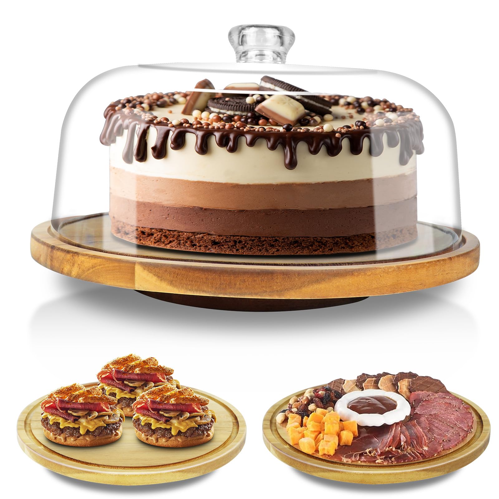 Bandeja cutesun para pasteles de madera con tapa y borde elegante para exhibir postres.