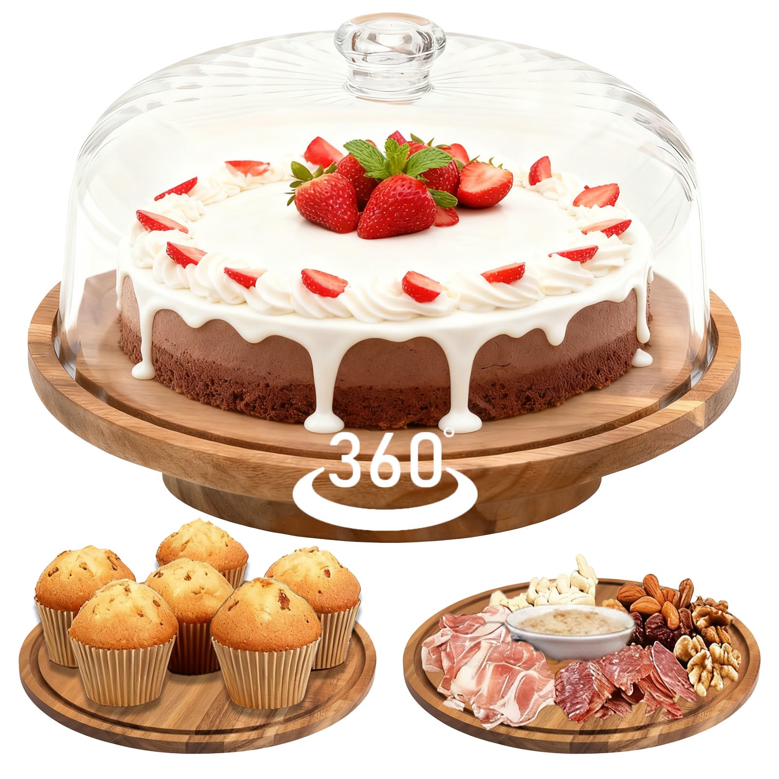 Bandeja de tarta de acacia con tapa de Cutesun, ideal para presentar pasteles con elegancia.