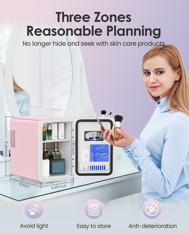 CUTIEWORLD nevera 4L vista abierta, organización ideal para maquillaje.