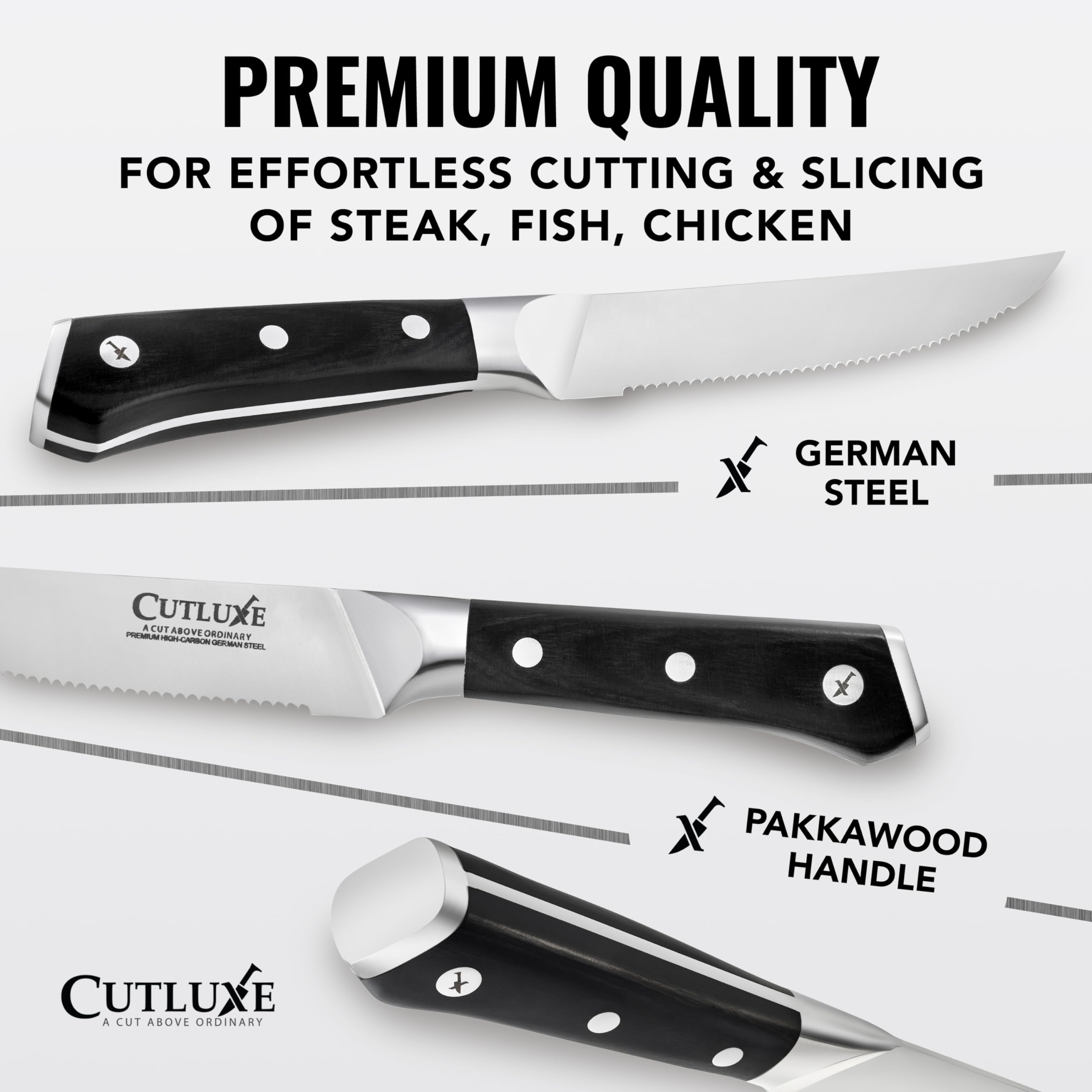 Cuchillo Cutluxe para bistec, mango pakkawood y tres remaches para mayor estabilidad.