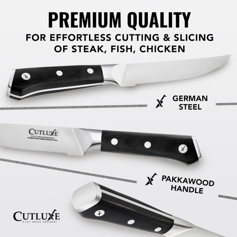 Cuchillo Cutluxe para bistec, mango pakkawood y tres remaches para mayor estabilidad.