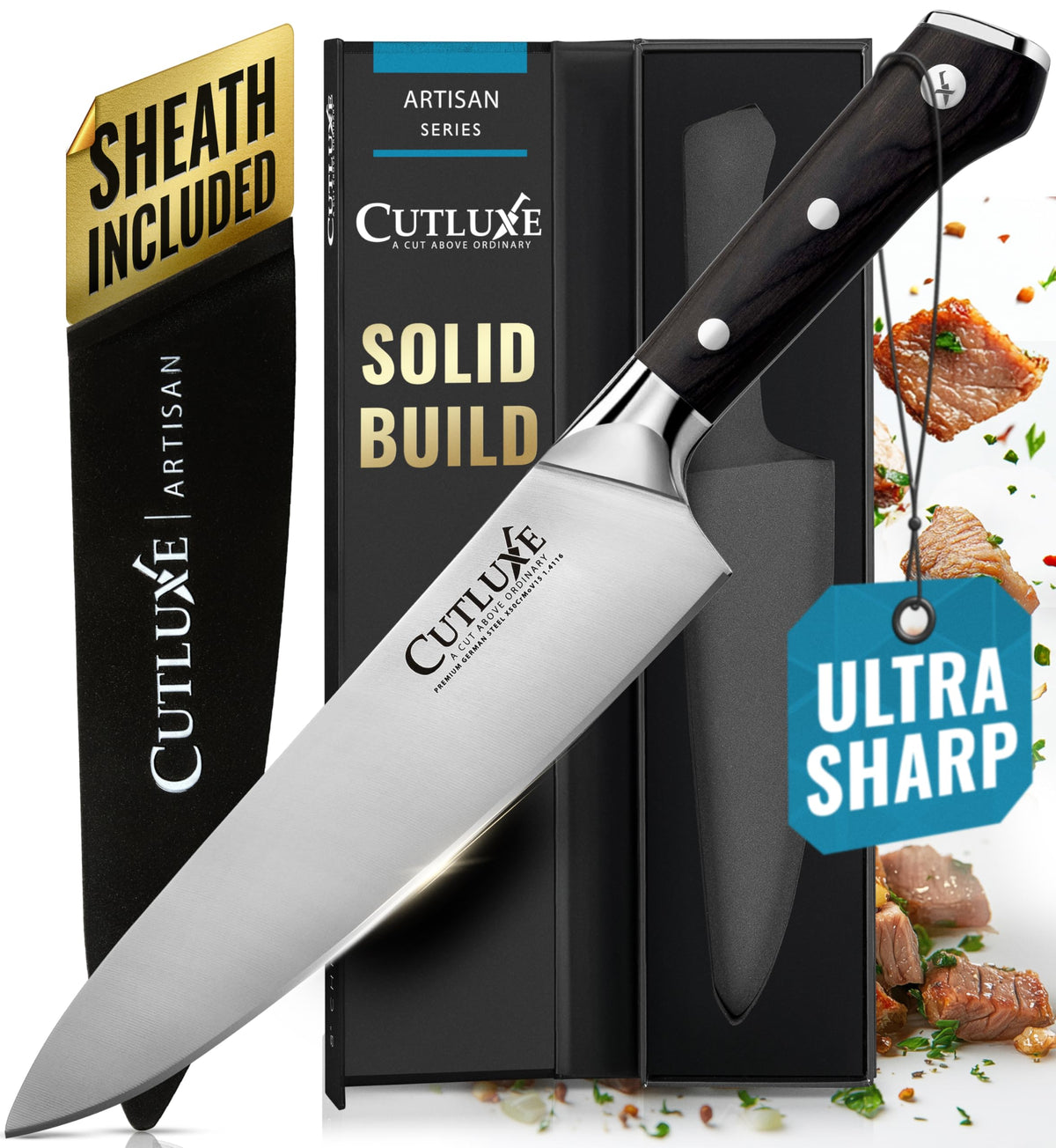 Cuchillo Cutluxe 8 pulgadas, hoja de acero al carbono para cortes precisos en la cocina