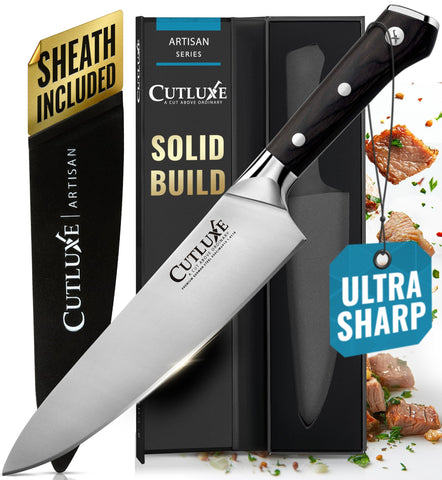 Cuchillo Cutluxe 8 pulgadas, hoja de acero al carbono para cortes precisos en la cocina