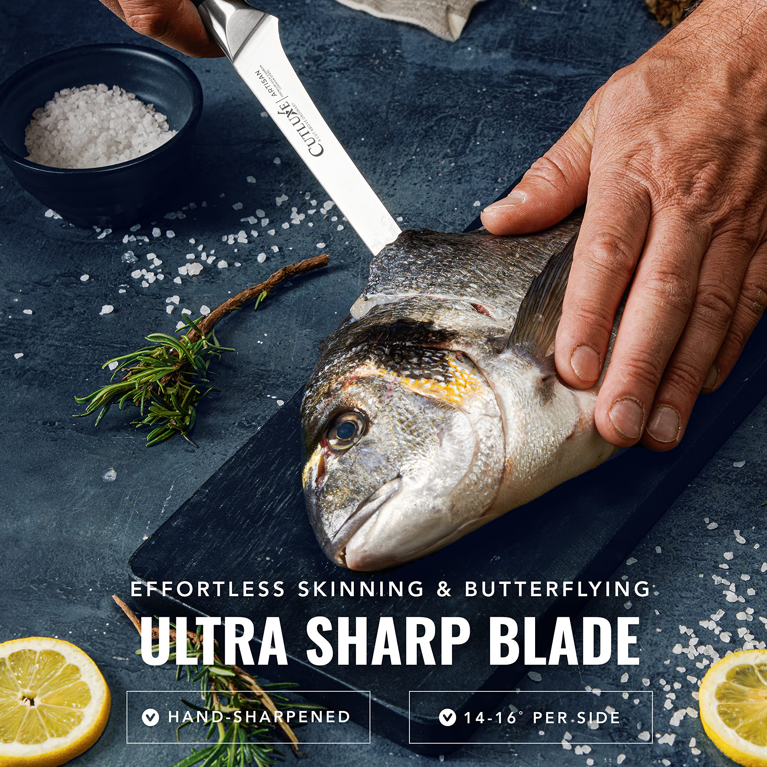 Cuchillo Cutluxe con manija de pakkawood ergonómica para agarre estable