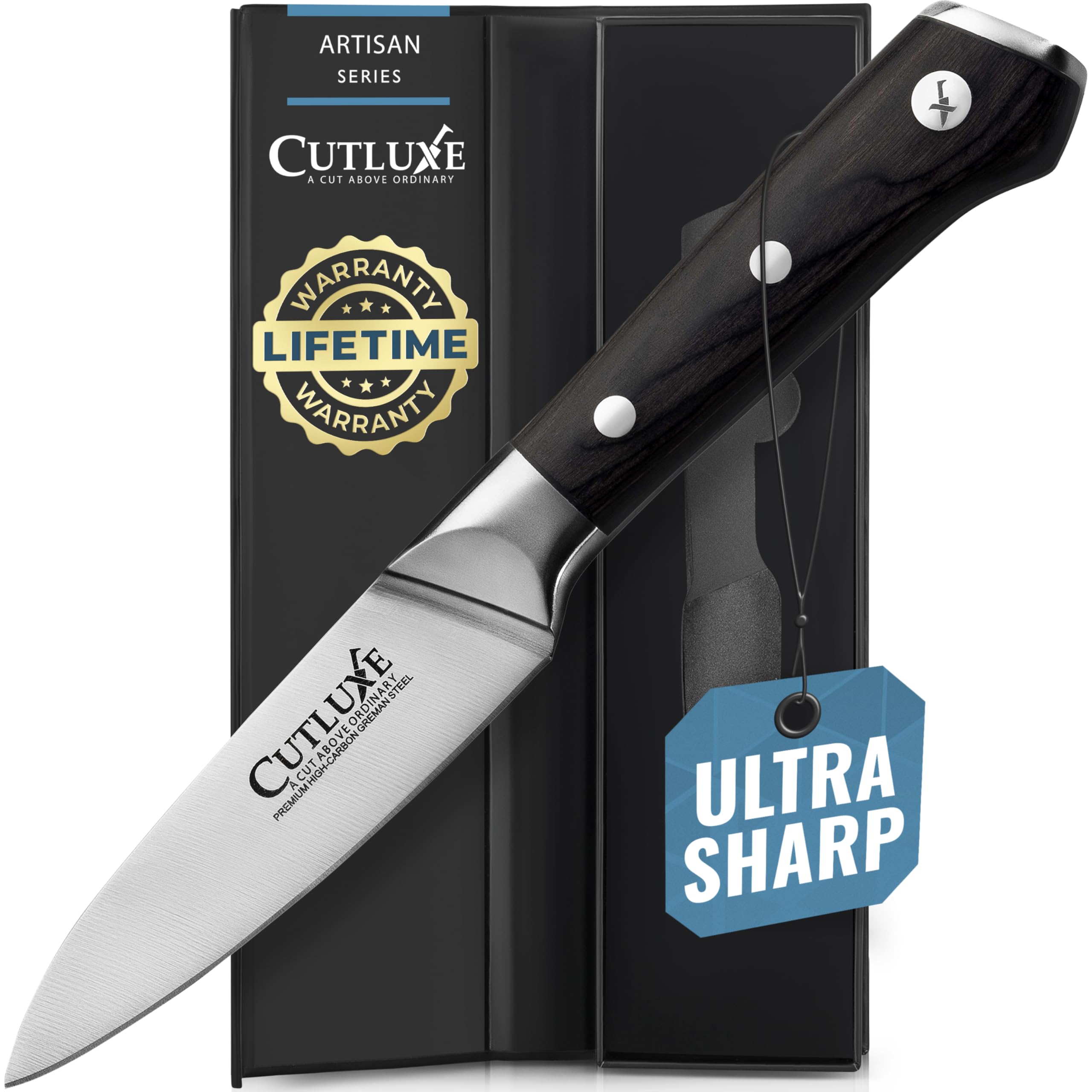 Cuchillo pelador Cutluxe con hoja afilada para precisión en frutas.
