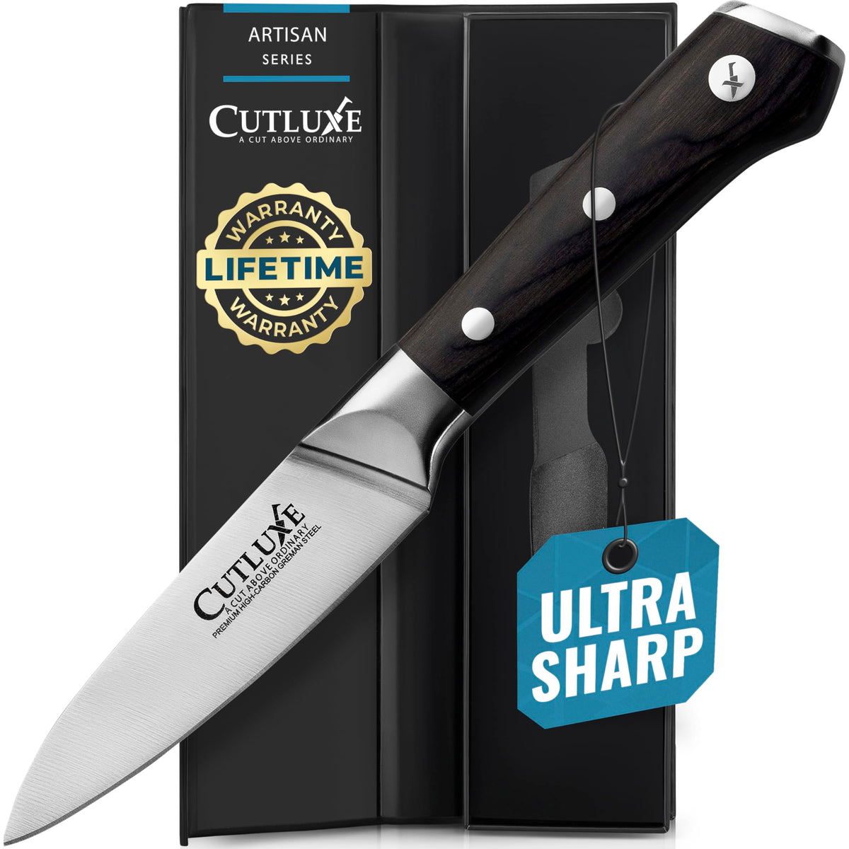 Cuchillo pelador Cutluxe con hoja afilada para precisión en frutas.