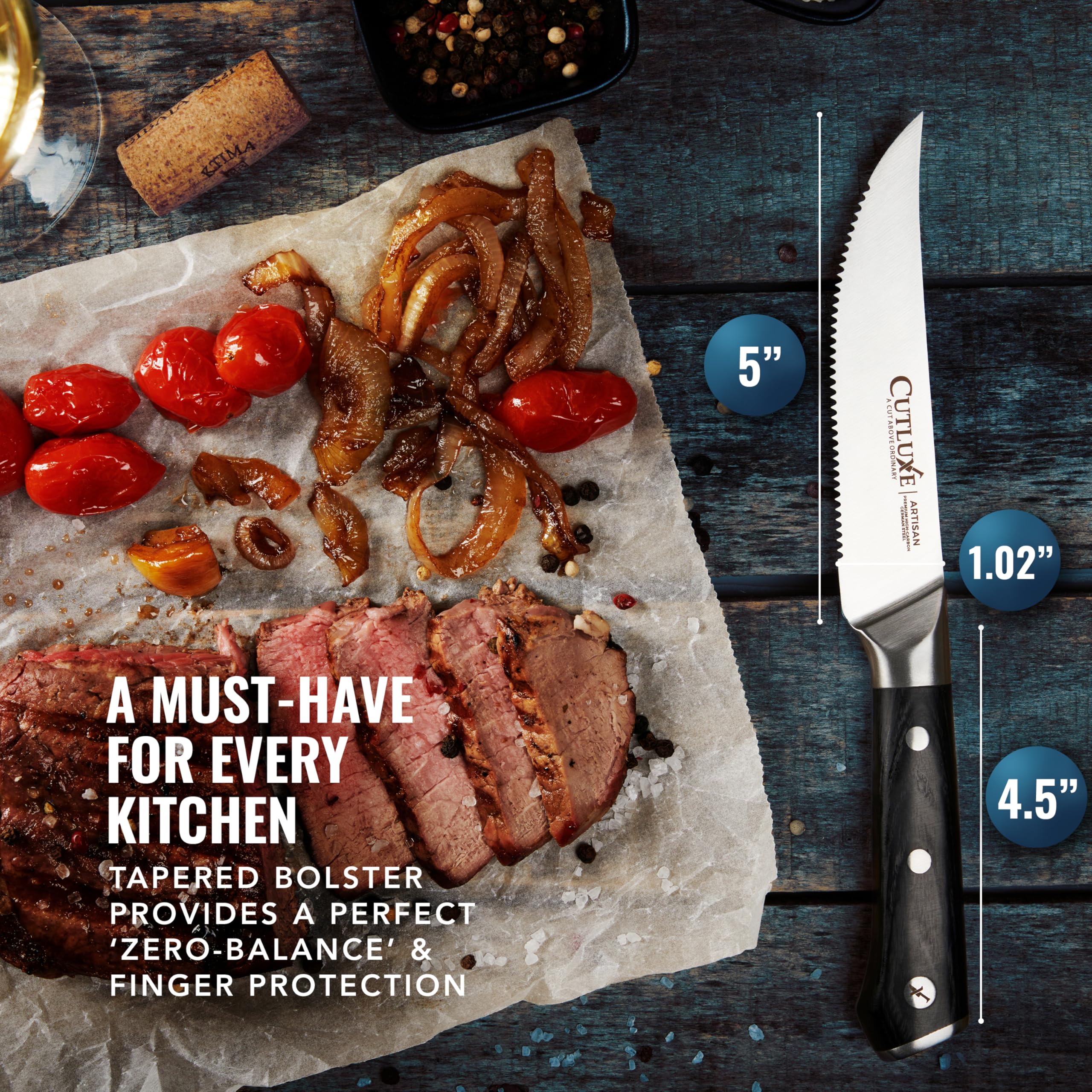 Cuchillos Cutluxe con mango ergonómico, toma estable en la cocina.