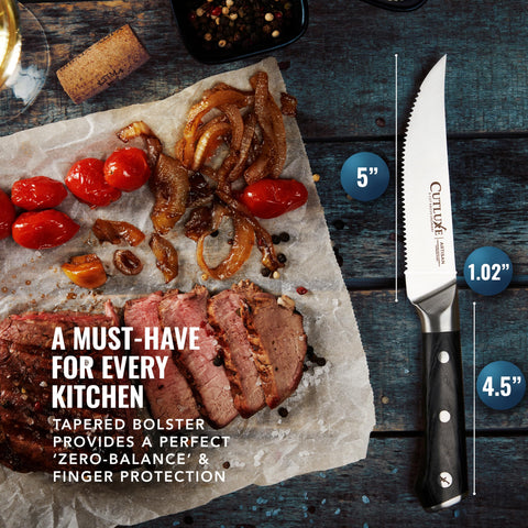 Cuchillos Cutluxe con mango ergonómico, toma estable en la cocina.