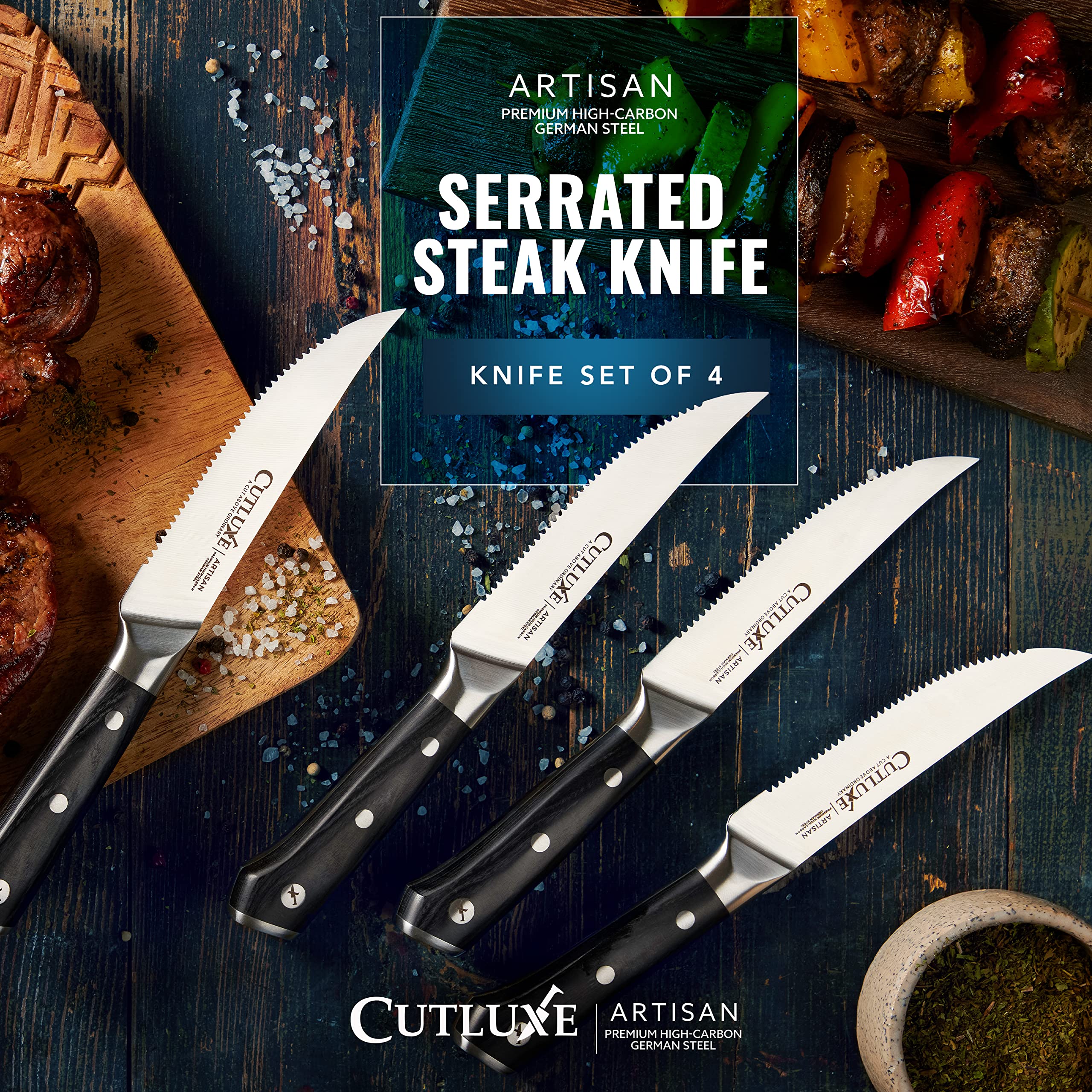 Cuchillo Cutluxe para bistec, diseño full tang y mango ergonómico.
