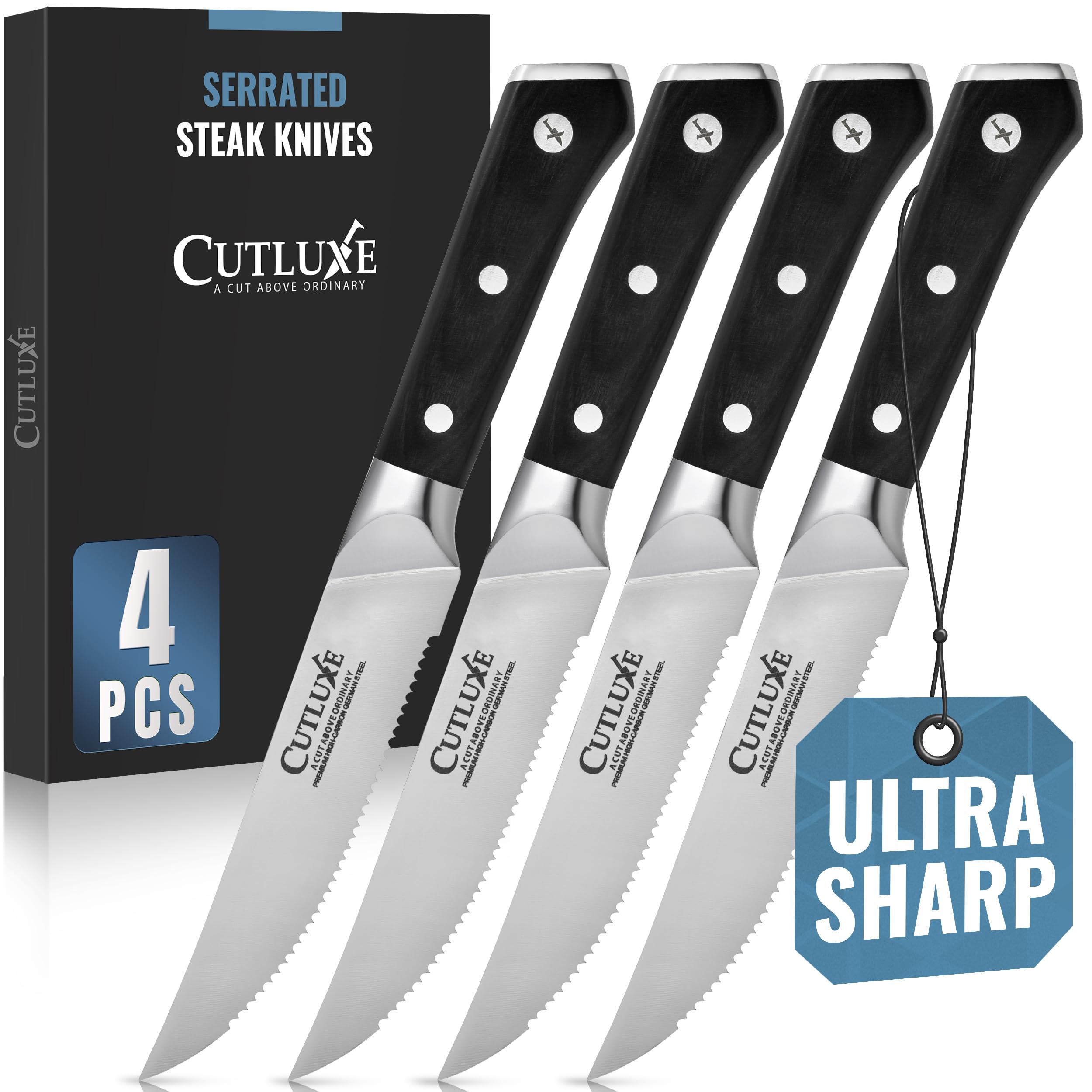 Cuchillos Cutluxe para bistec, set de 4 con mango pakkawood para uso diario y corte preciso.