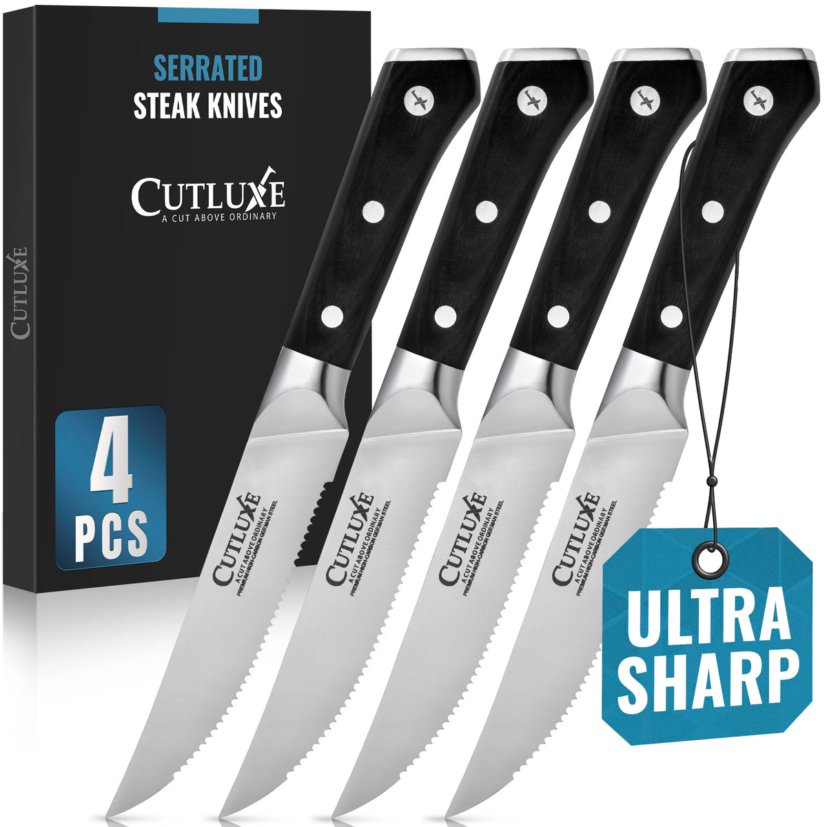 Cuchillos Cutluxe para bistec, set de 4 con mango pakkawood para uso diario y corte preciso.