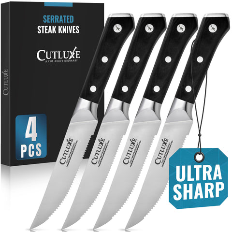 Cuchillos Cutluxe para bistec, set de 4 con mango pakkawood para uso diario y corte preciso.