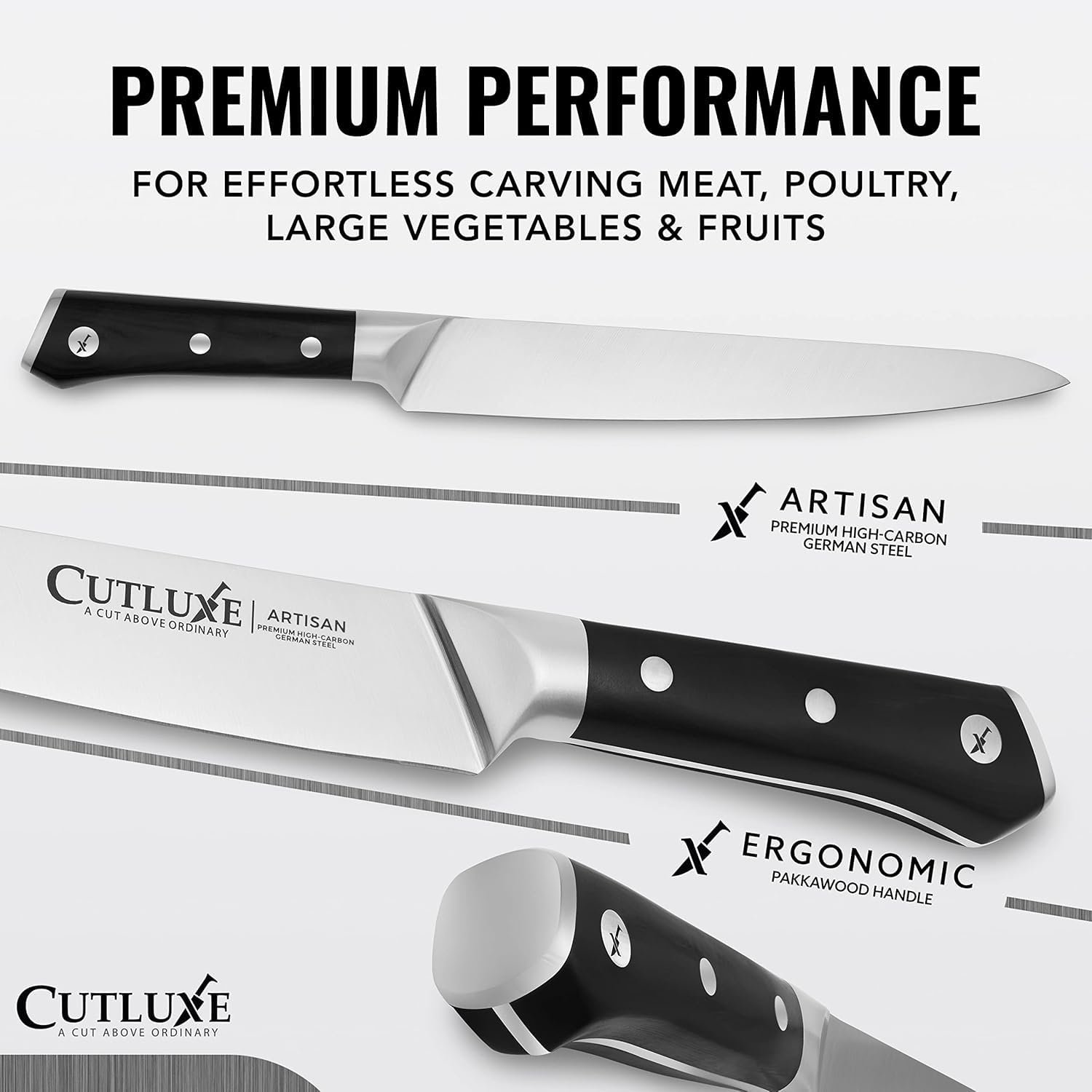 Diseño con espiga completa Cutluxe ergonómico para mayor control durante la preparación.