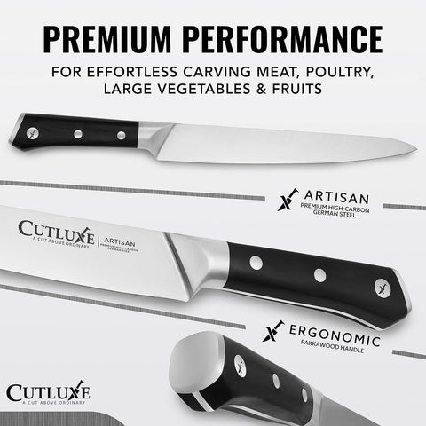 Diseño con espiga completa Cutluxe ergonómico para mayor control durante la preparación.
