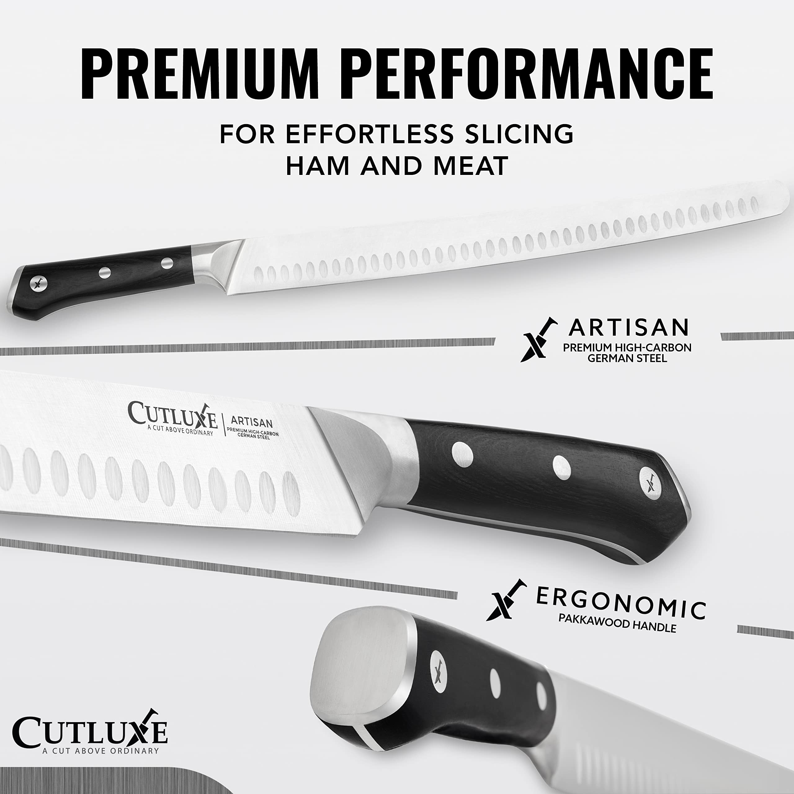 Cuchillo Cutluxe con hoja Granton afilada para cortes homogéneos.