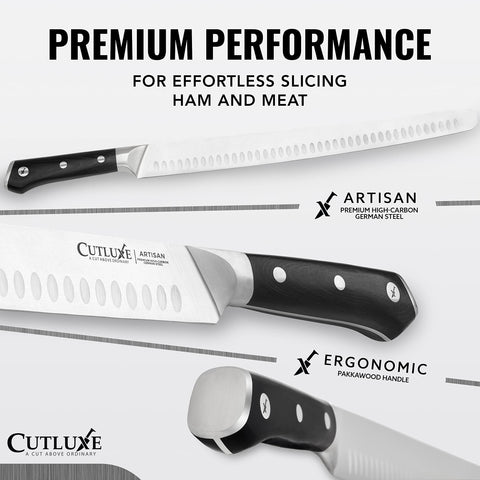 Cuchillo Cutluxe con hoja Granton afilada para cortes homogéneos.