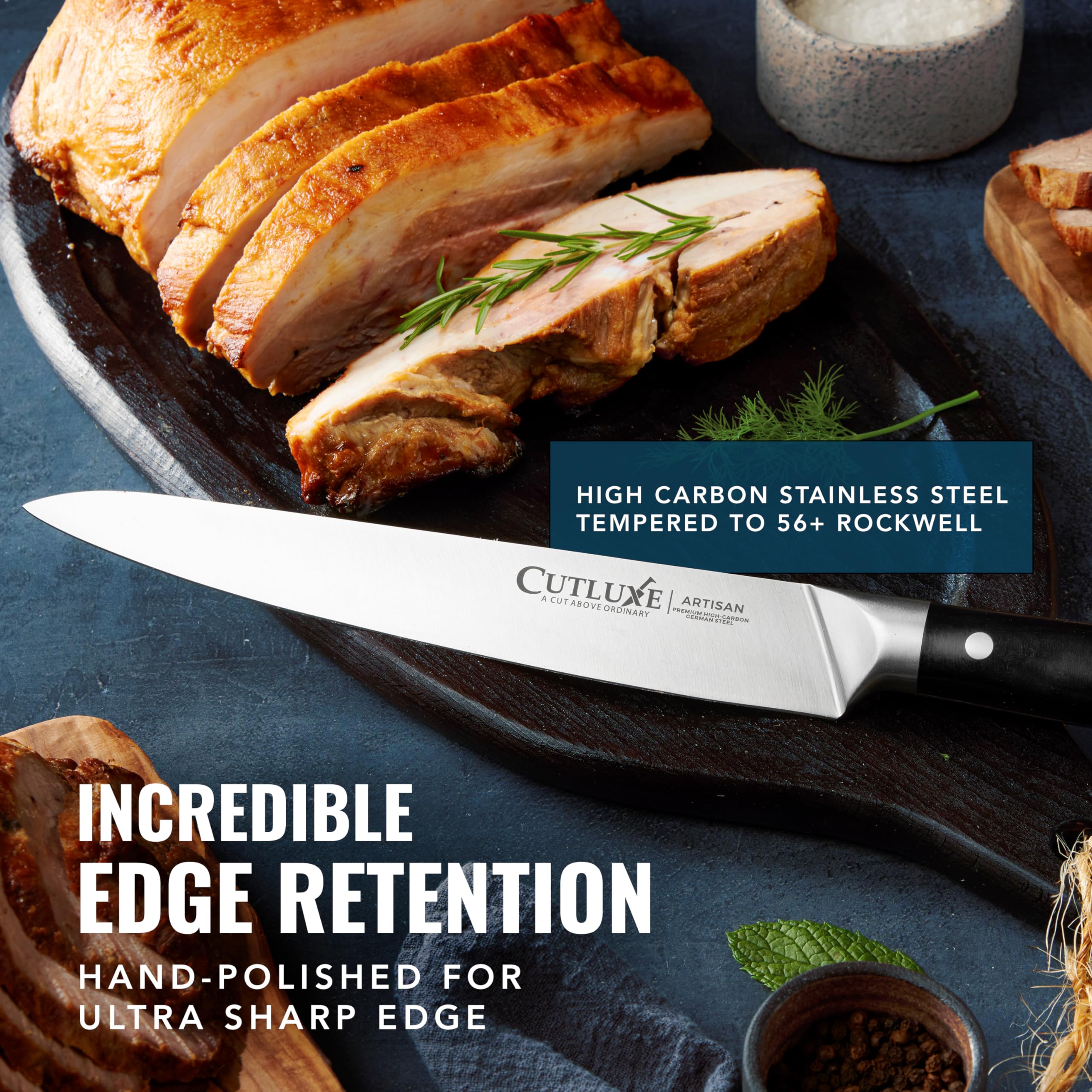 Mango ergonómico antideslizante Cutluxe para un agarre cómodo y estable.