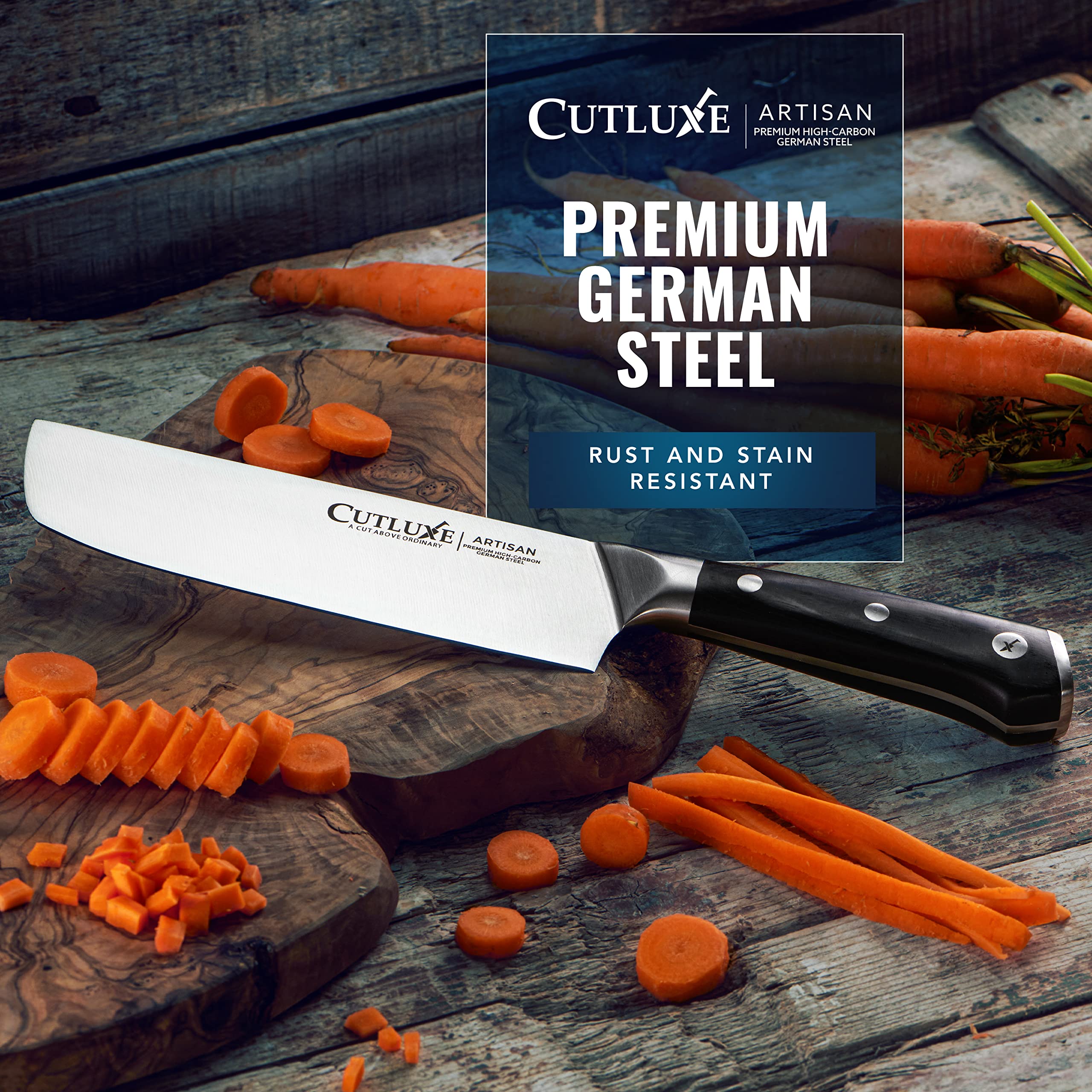Cutluxe Nakiri filo duradero para uso prolongado y afilado estable.