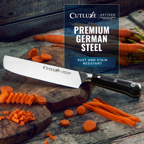 Cutluxe Nakiri filo duradero para uso prolongado y afilado estable.