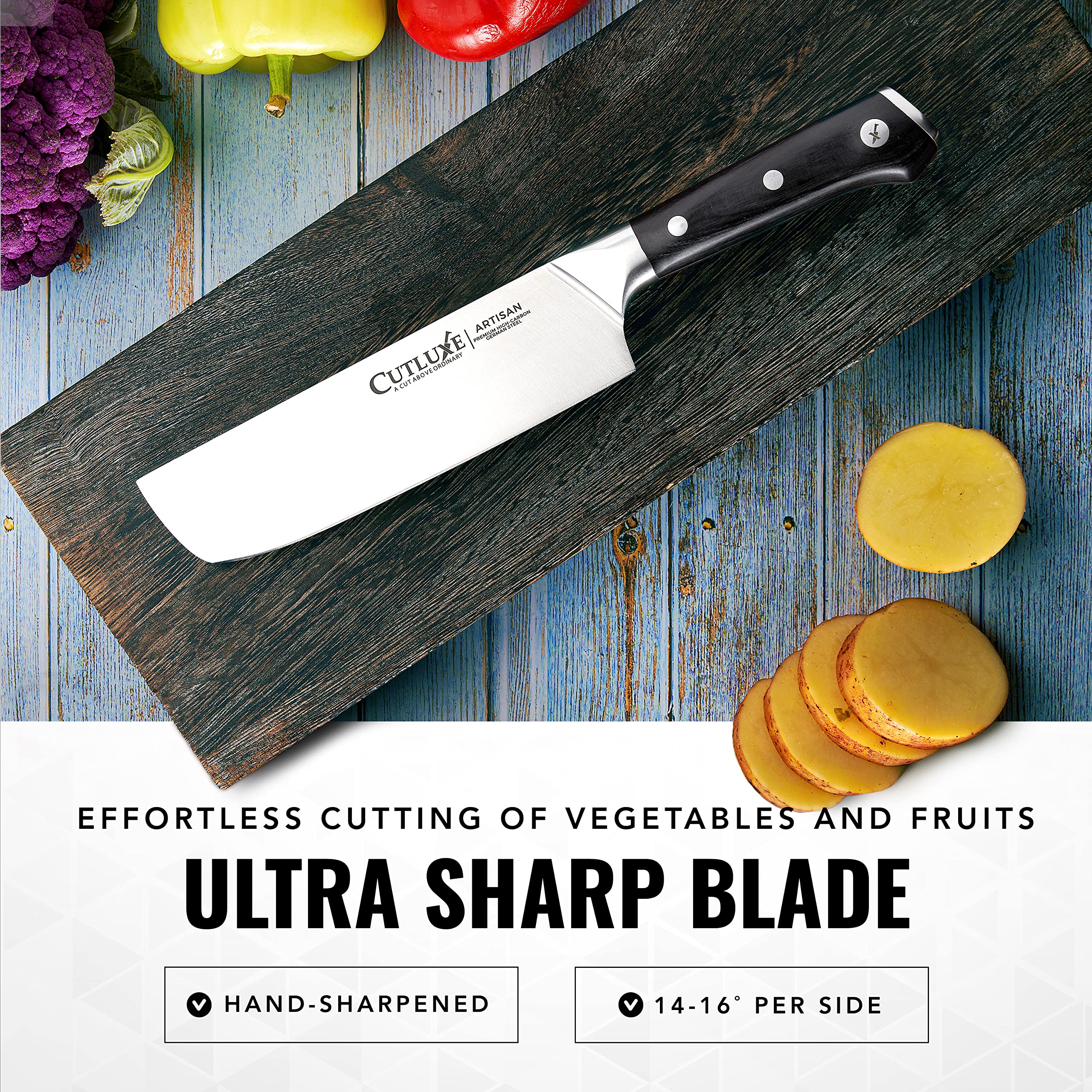 Cutluxe Nakiri con enfoque en dados de vegetales para porciones consistentes.