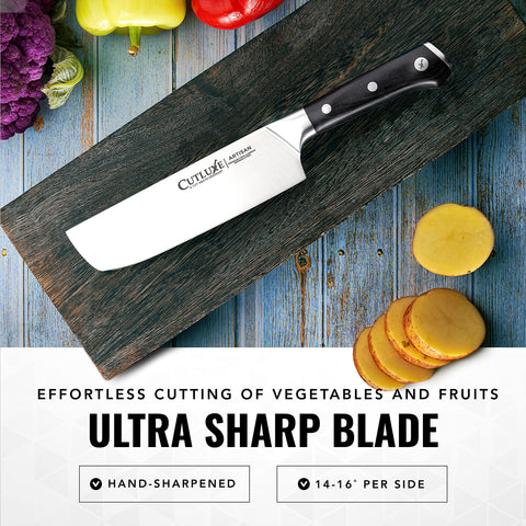 Cutluxe Nakiri con enfoque en dados de vegetales para porciones consistentes.