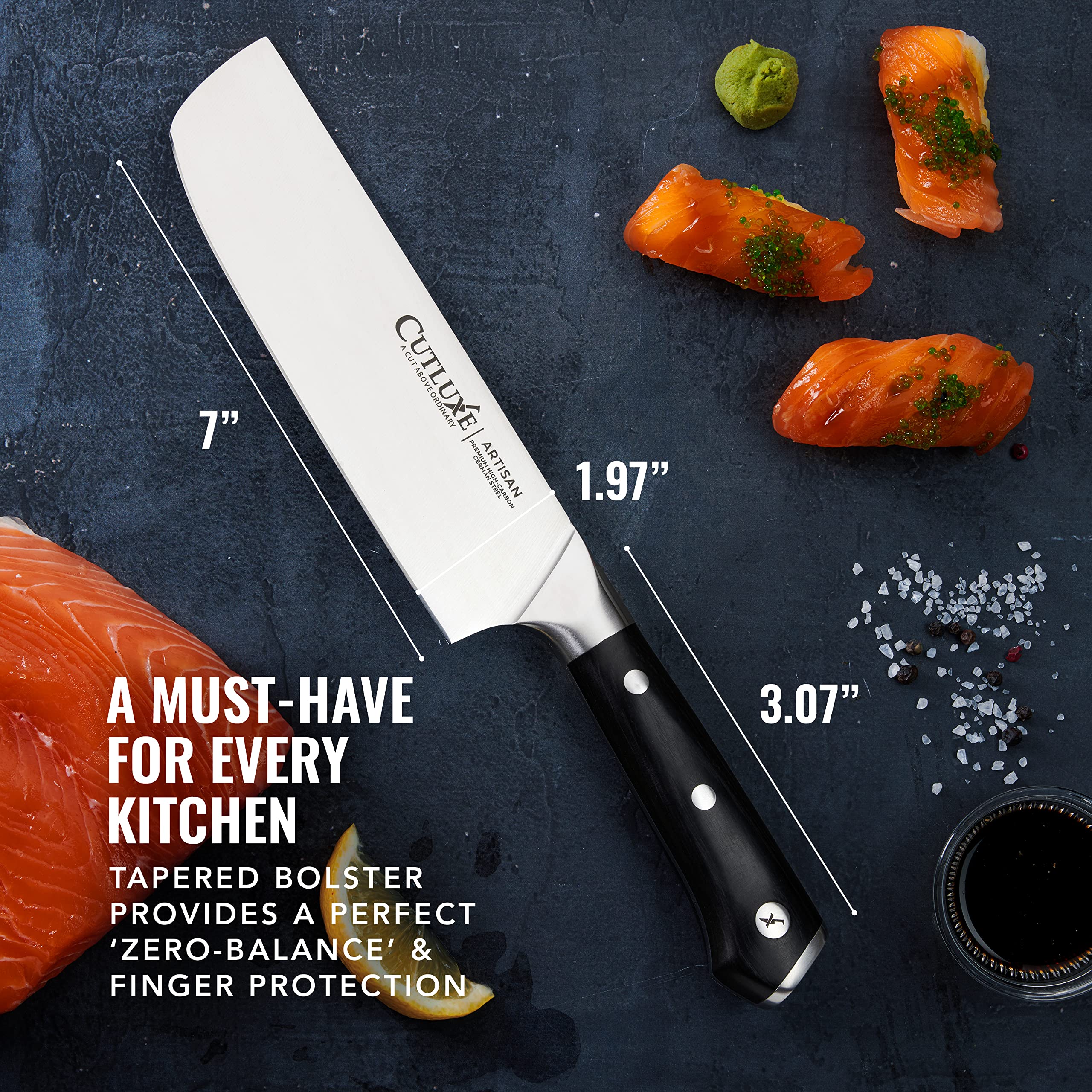 Cutluxe Nakiri espiga completa para equilibrio y seguridad.