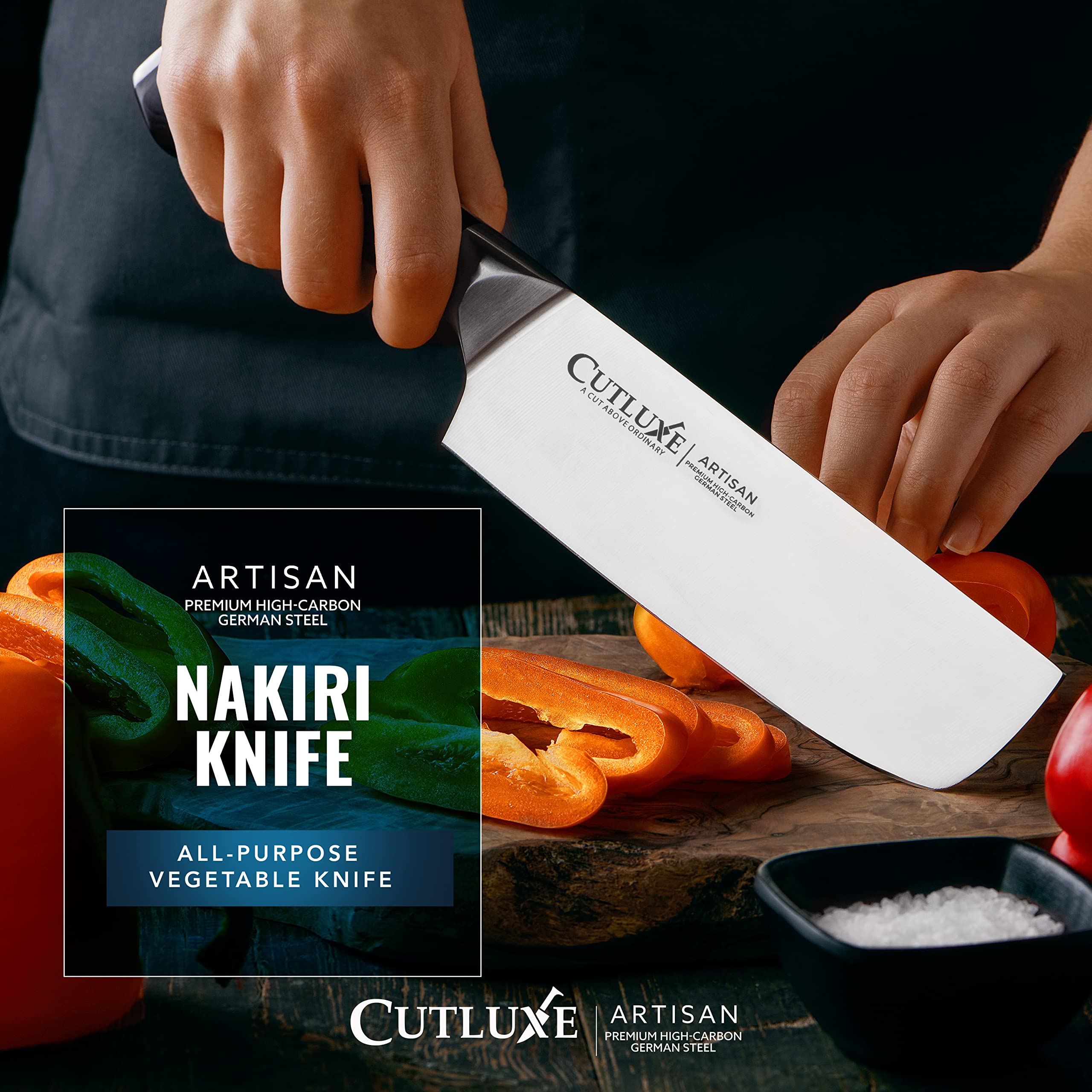 Cutluxe Nakiri con mango ergonómico para agarre cómodo durante el uso.
