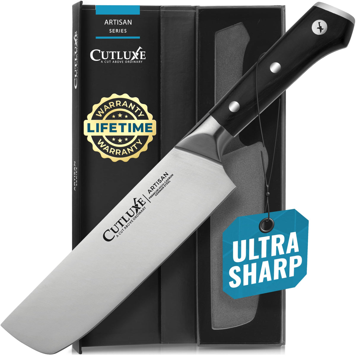 Cutluxe Nakiri con enfoque de picar preciso para cortes limpios en casa.