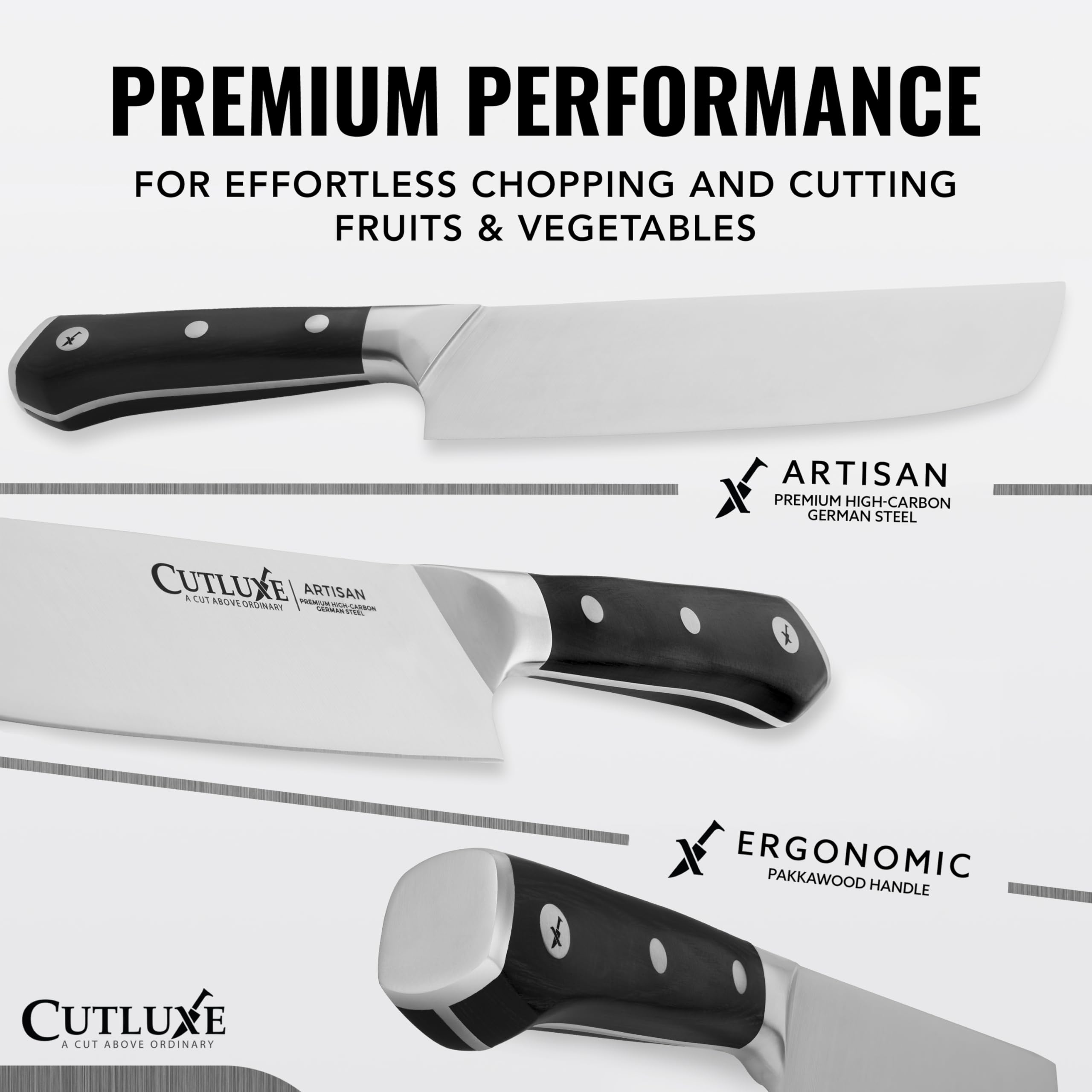 Cutluxe Nakiri con enfoque en rebanar finamente para láminas uniformes.