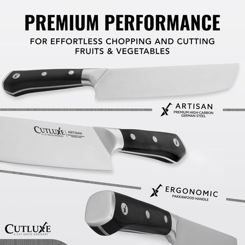 Cutluxe Nakiri con enfoque en rebanar finamente para láminas uniformes.