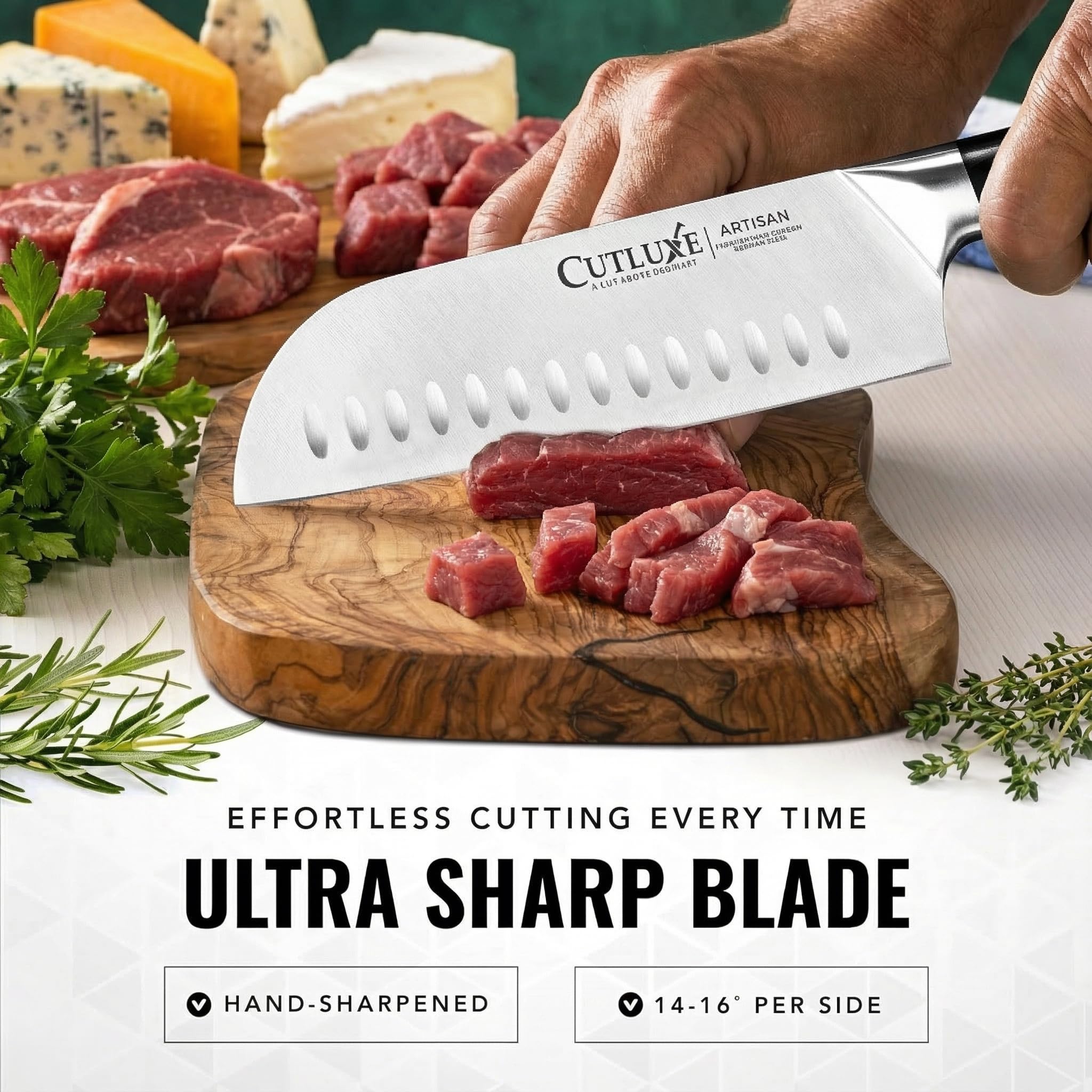 Cutluxe Santoku hoja afilada para minuciosos cortes de alimentos