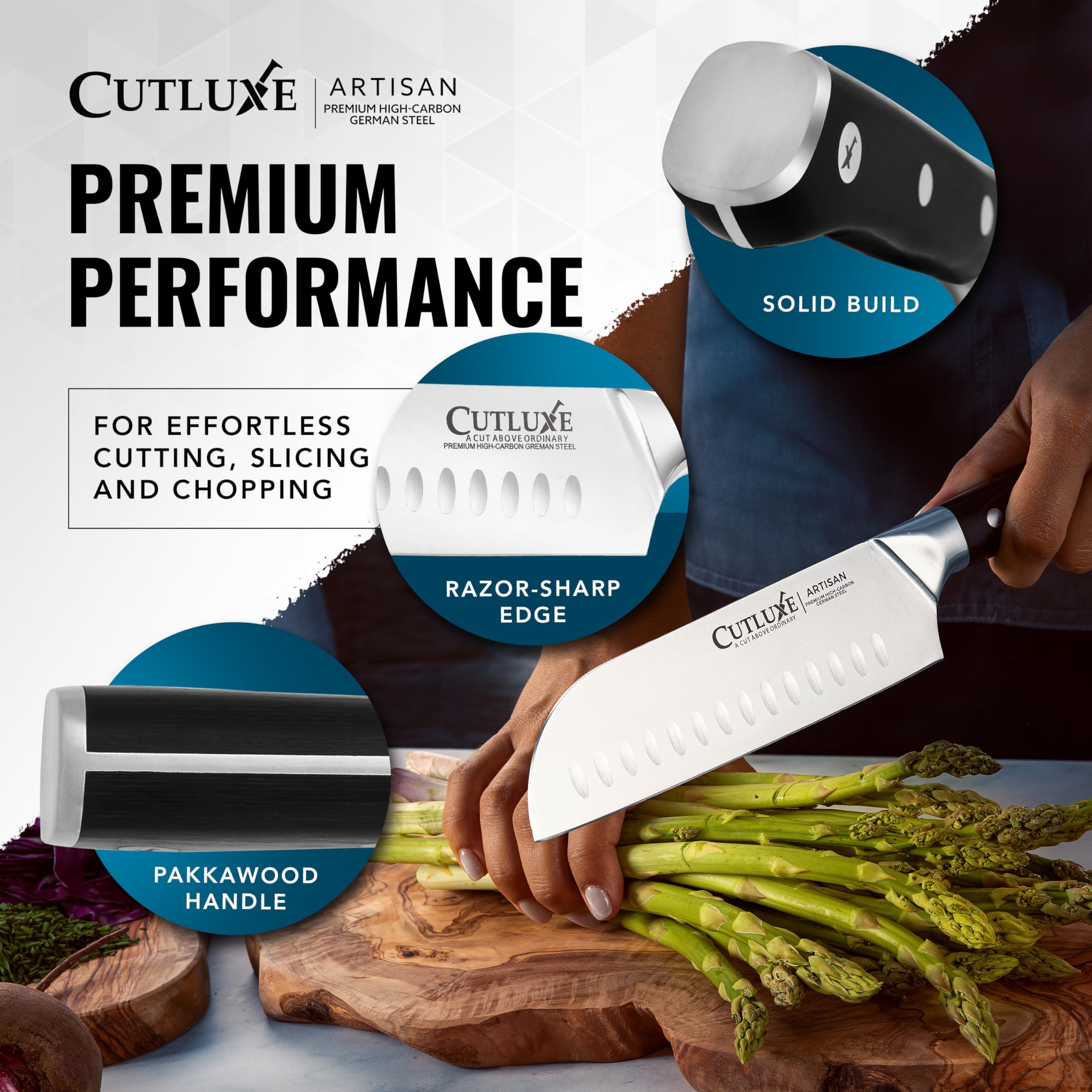 Cutluxe Santoku corte rápido y estable para picar