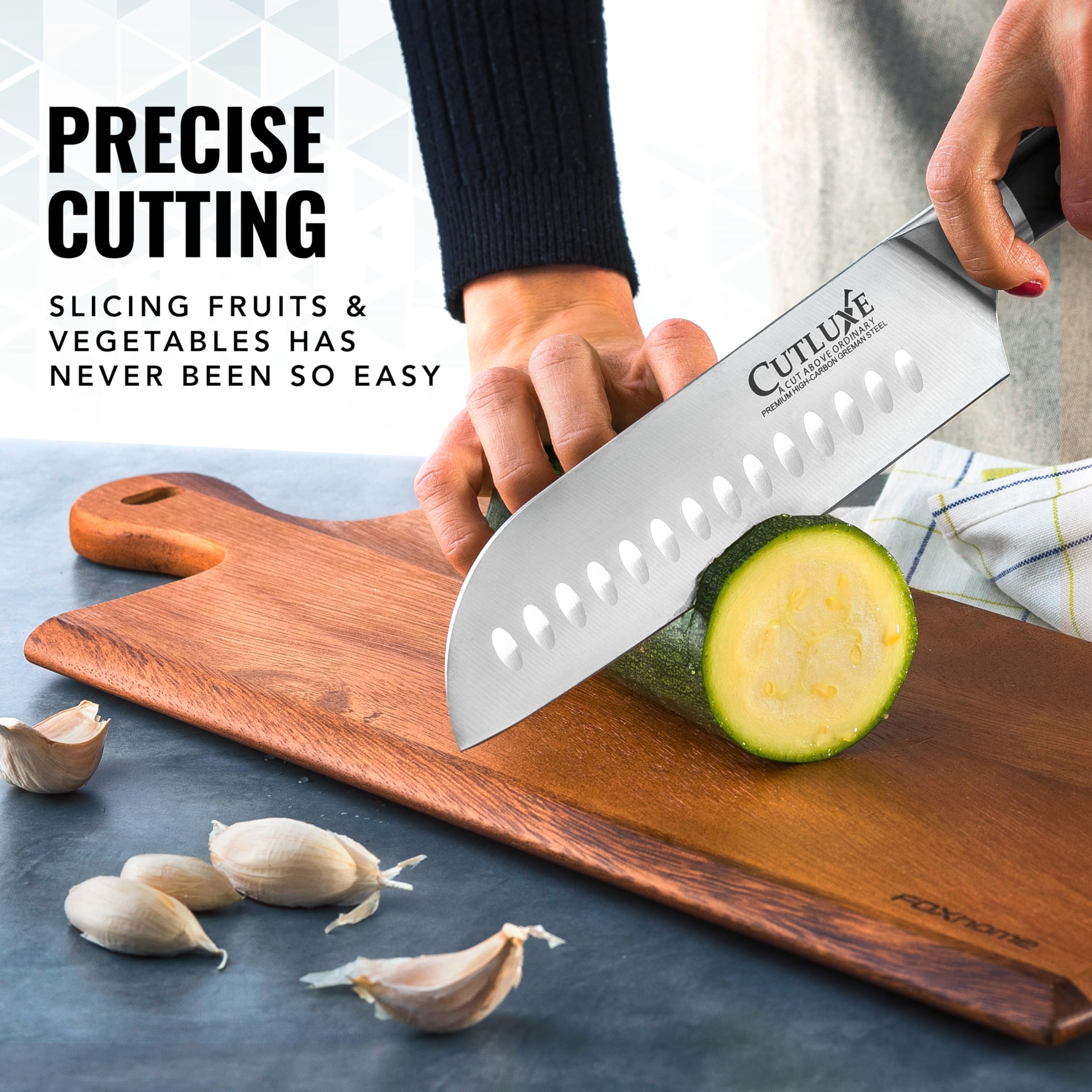 Cutluxe Santoku funda incluida facilita almacenamiento seguro