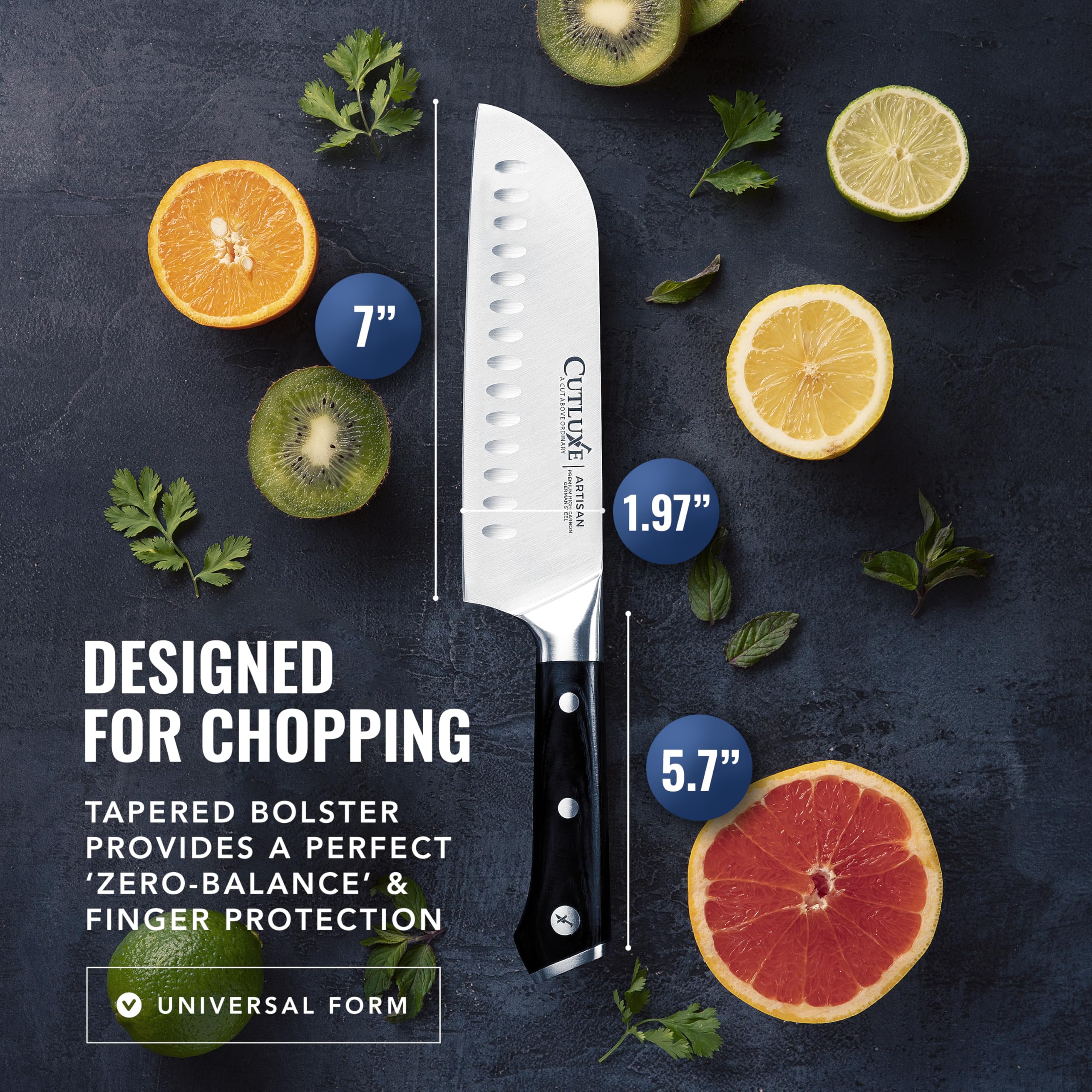 Cutluxe Santoku hoja de alto carbono resiste óxido y manchas