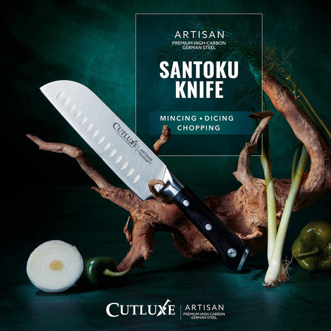 Cutluxe Santoku mango ergonómico ofrece agarre cómodo durante largas preparaciones