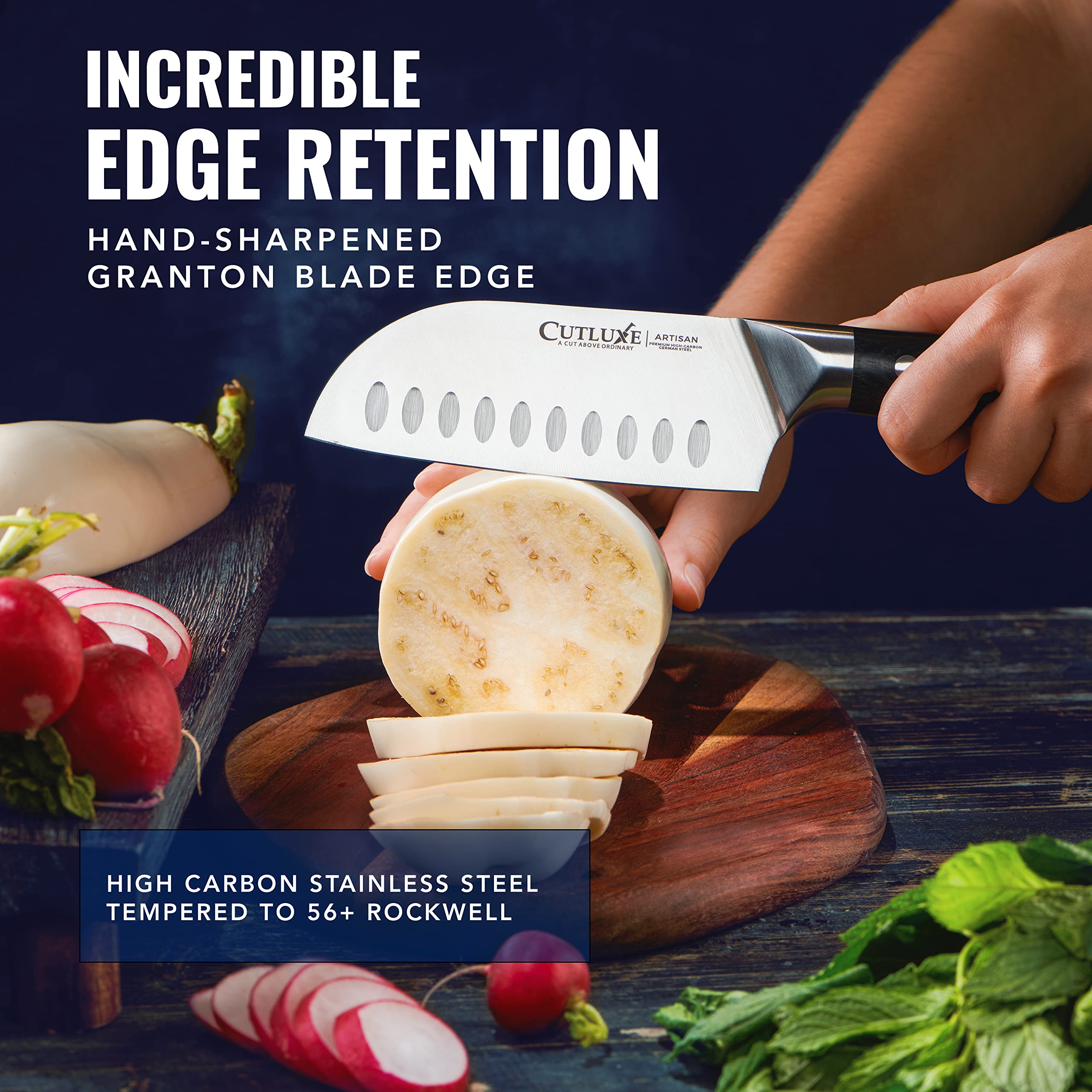 Cutluxe Santoku filo de 14-16° para afilado duradero y rendimiento eficiente.