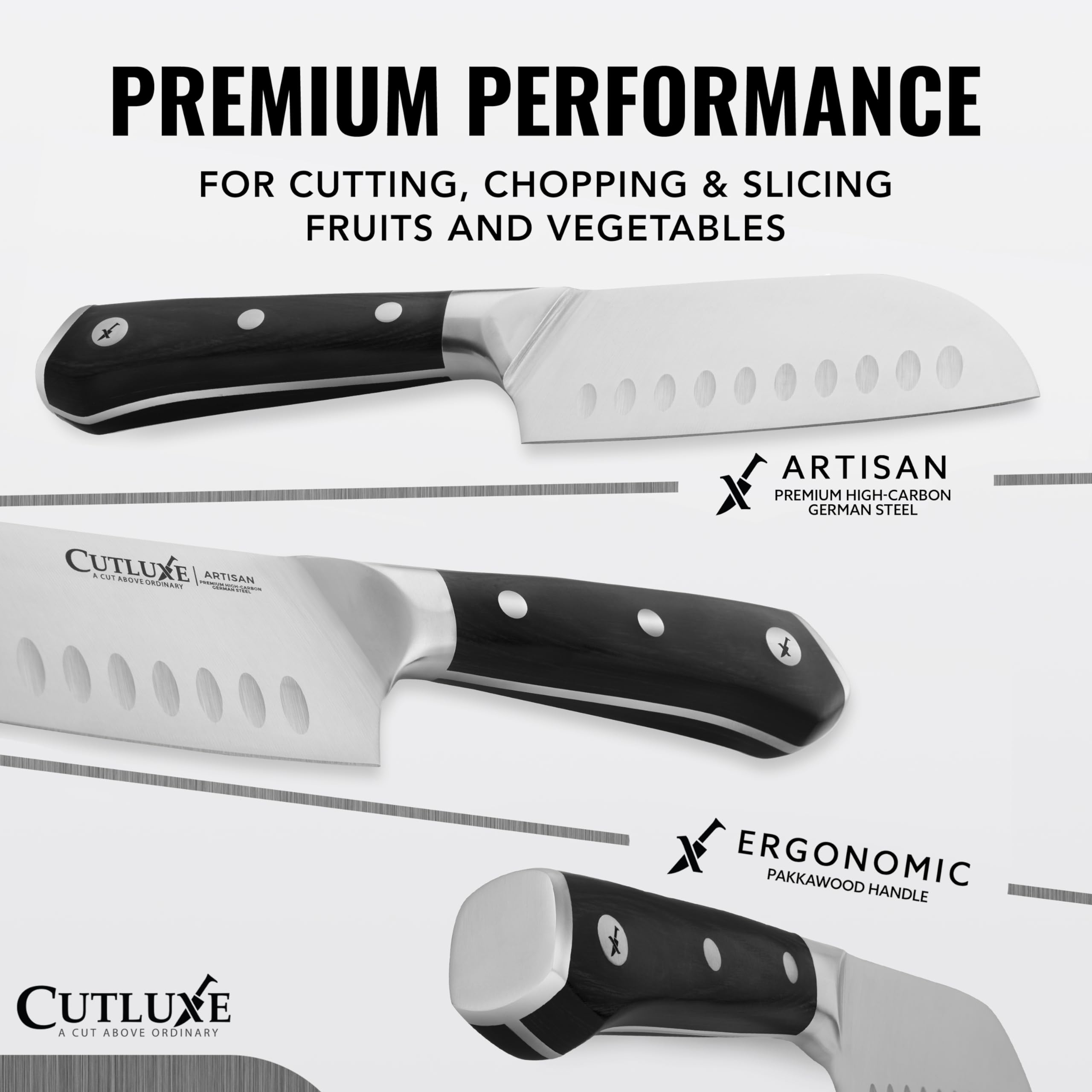 Cutluxe Santoku mostrando el filo de 14-16° para cortes limpios y controlados.