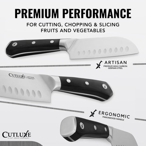 Cutluxe Santoku mostrando el filo de 14-16° para cortes limpios y controlados.