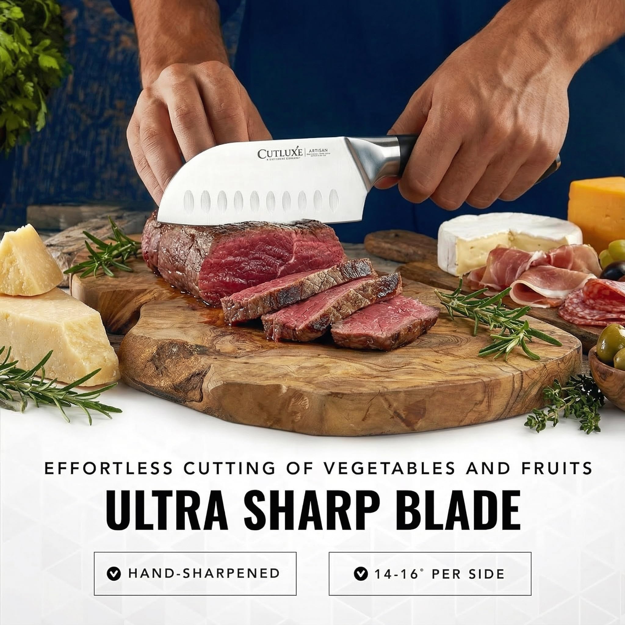 Cutluxe Santoku destacando la durabilidad y resistencia a la oxidación en uso diario.
