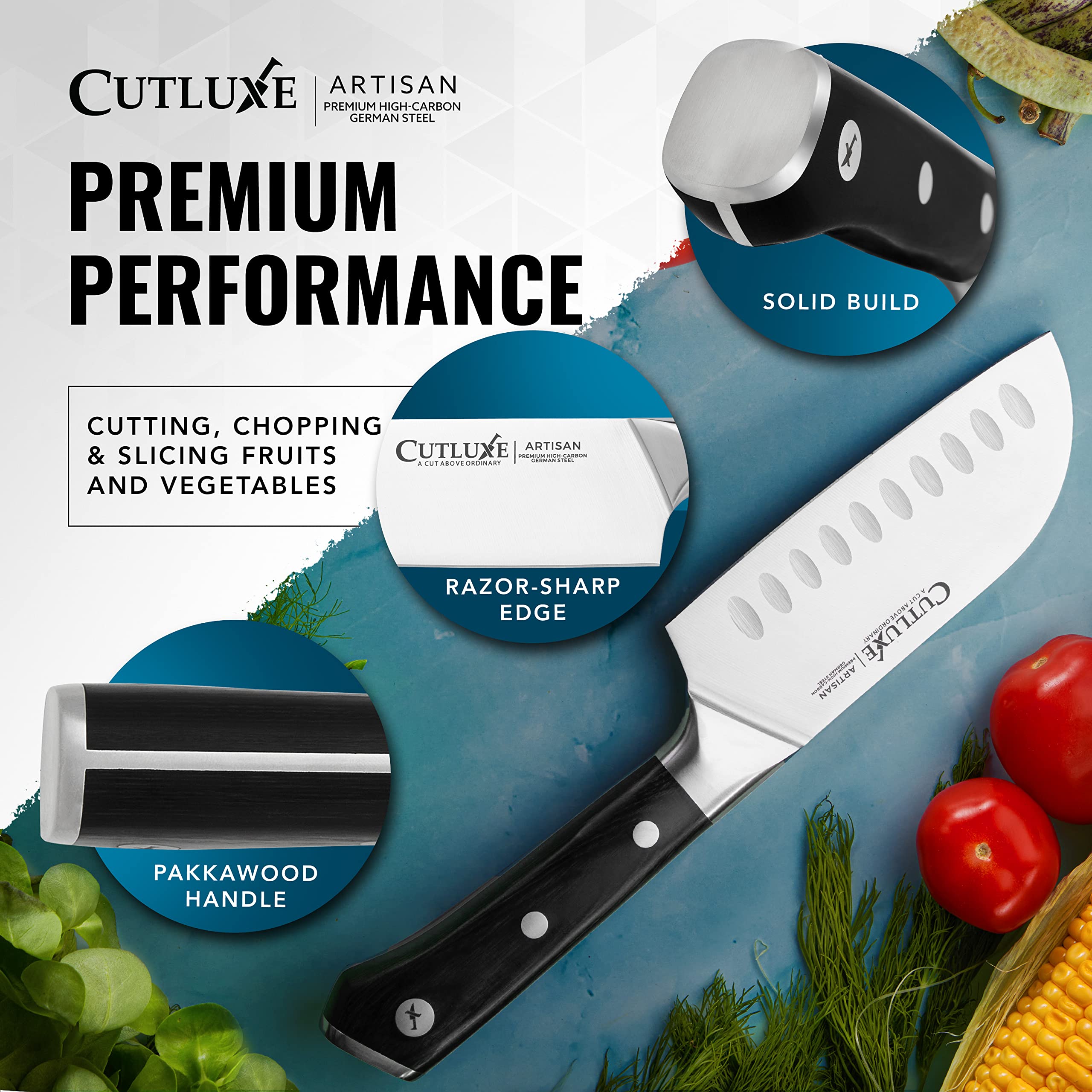 Cutluxe Santoku con tang continua para mayor estabilidad durante el corte.