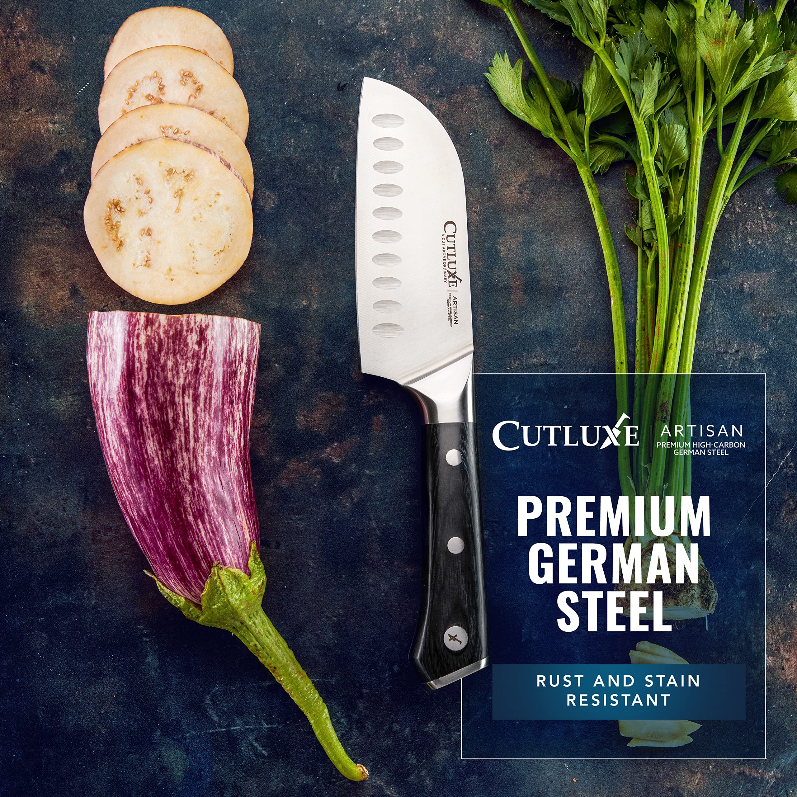 Cutluxe Santoku ideal para cortes multipropósito en la cocina diaria.