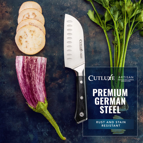 Cutluxe Santoku ideal para cortes multipropósito en la cocina diaria.