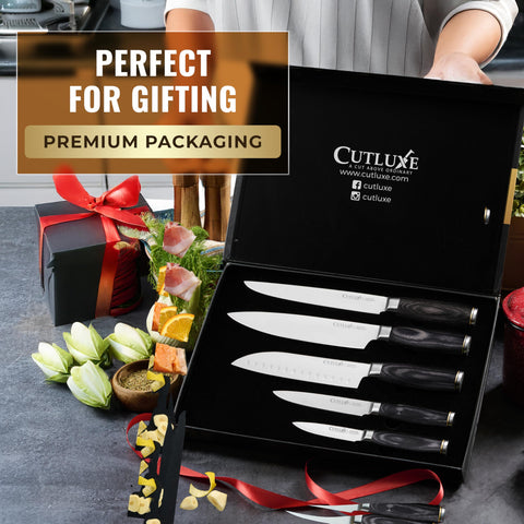 Cuchillo Cutluxe Shinobi de 7 pulgadas santoku para cortes controlados y uniformes.