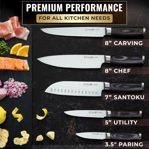 Cuchillo Cutluxe Shinobi de 8 pulgadas para chef, filo nítido y versátil.