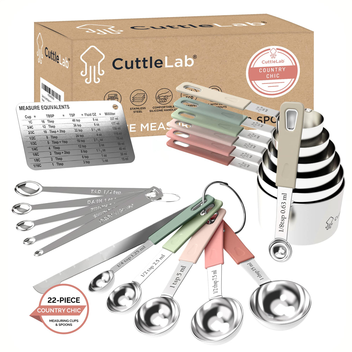 CuttleLab juego de tazas y cucharas de medición en acero inoxidable, duradero