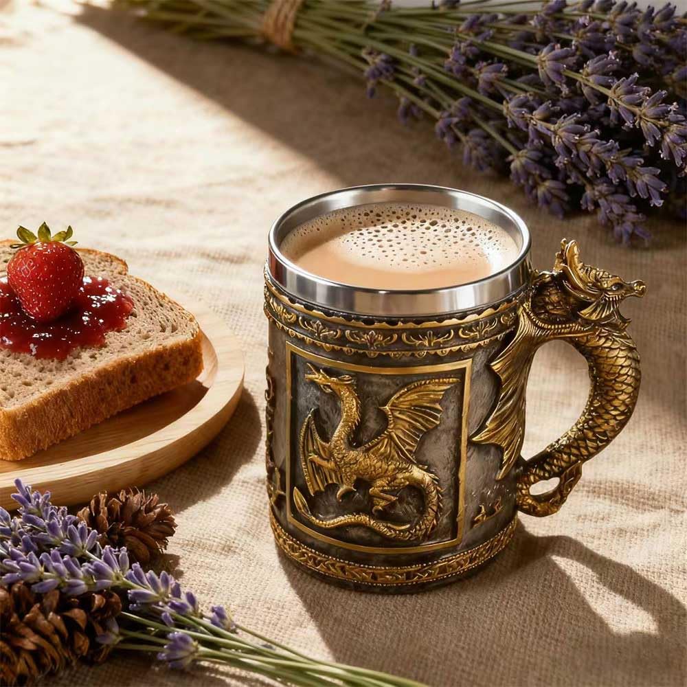 CUZOKOLA taza dragón con interior de acero y exterior de resina, diseño duradero para diario uso