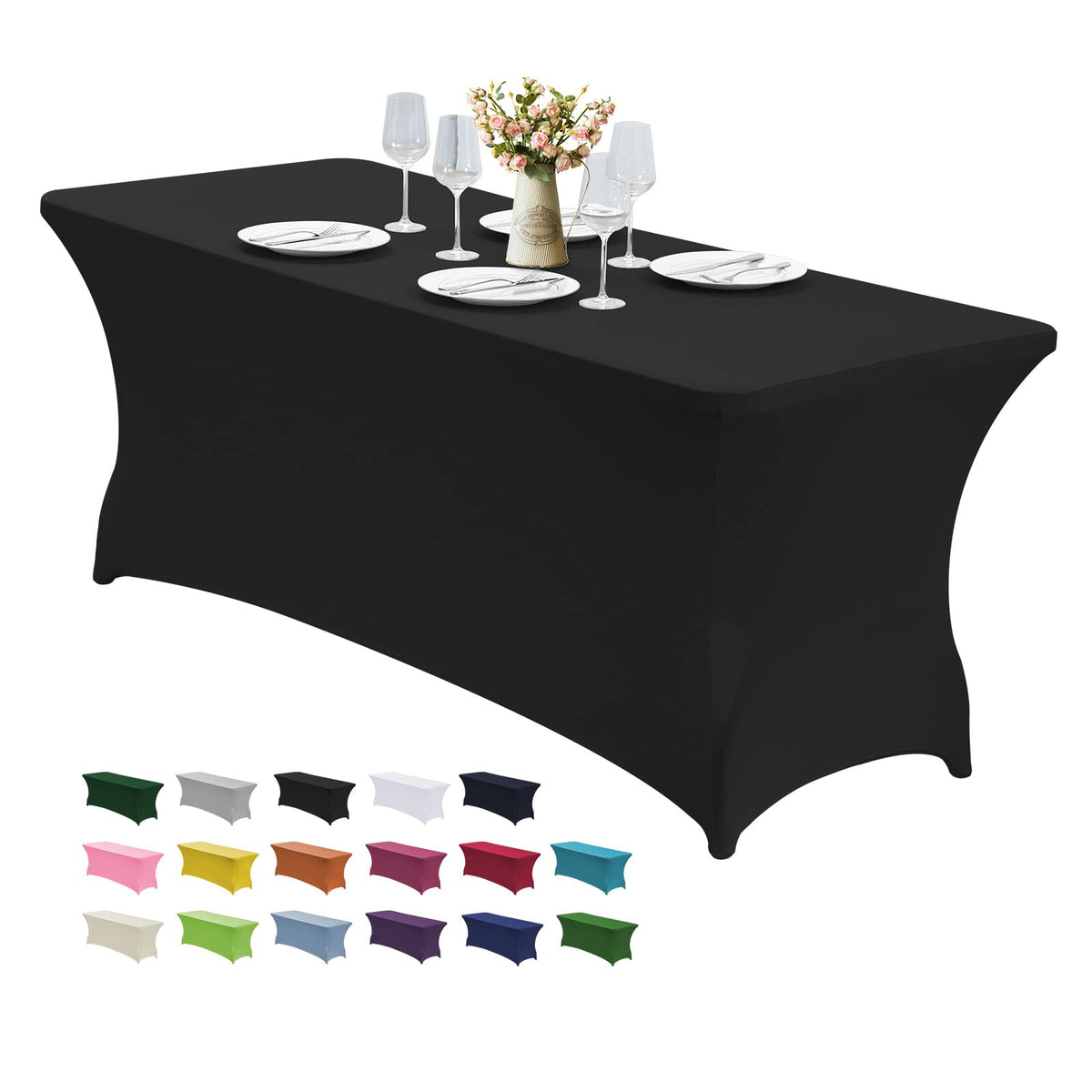 CWK funda elástica para mesa 6ft negro, vista frontal, protege la mesa de derrames en eventos