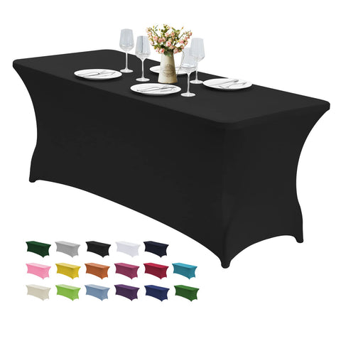 CWK funda elástica para mesa 6ft negro, vista frontal, protege la mesa de derrames en eventos