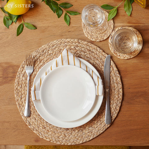 CY SISTERS estilo farmhouse boho, manteles redondos combinan con madera o vidrio.