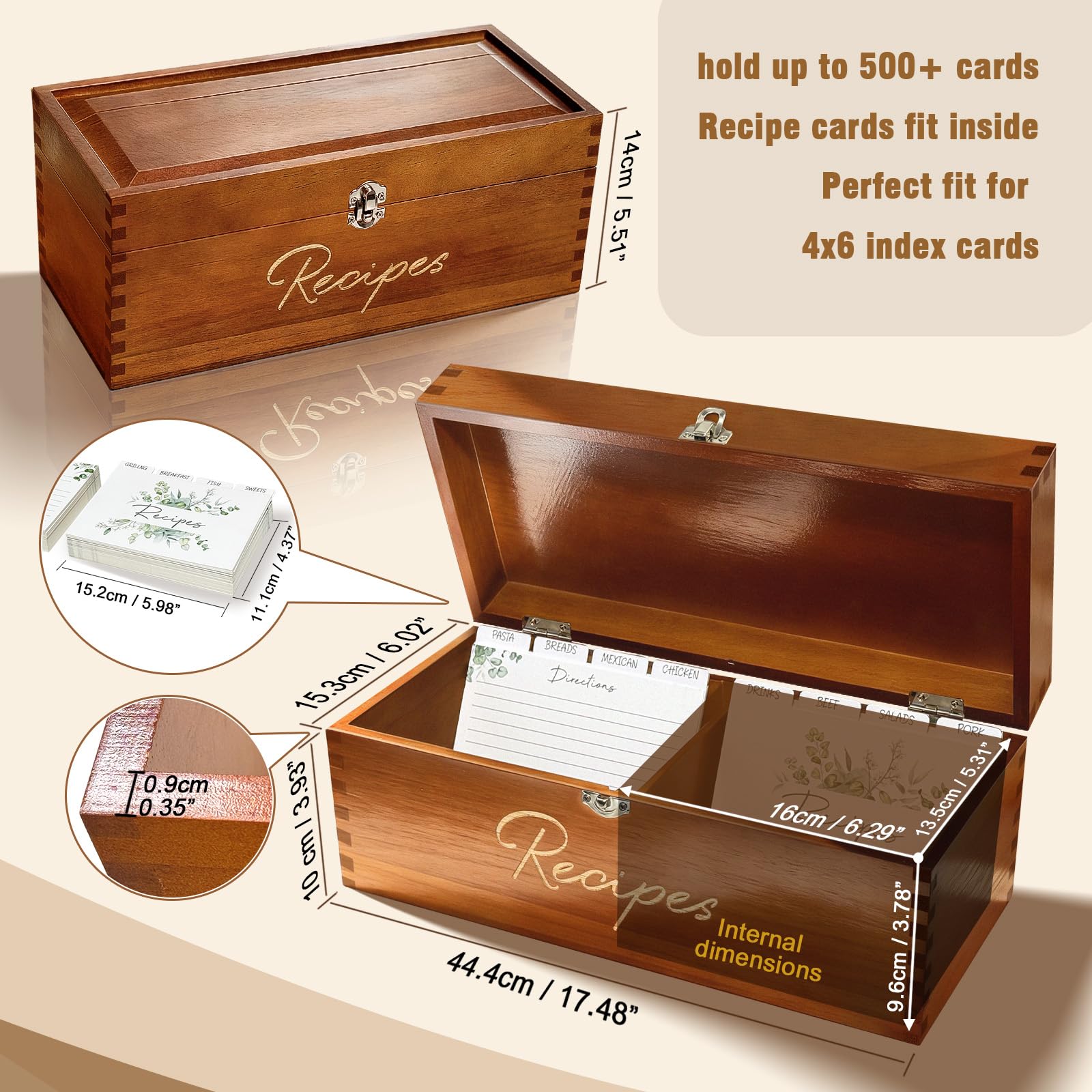 CYAOOI caja-recetas-madera-grande-bisagras-inoxidables para uso diario.